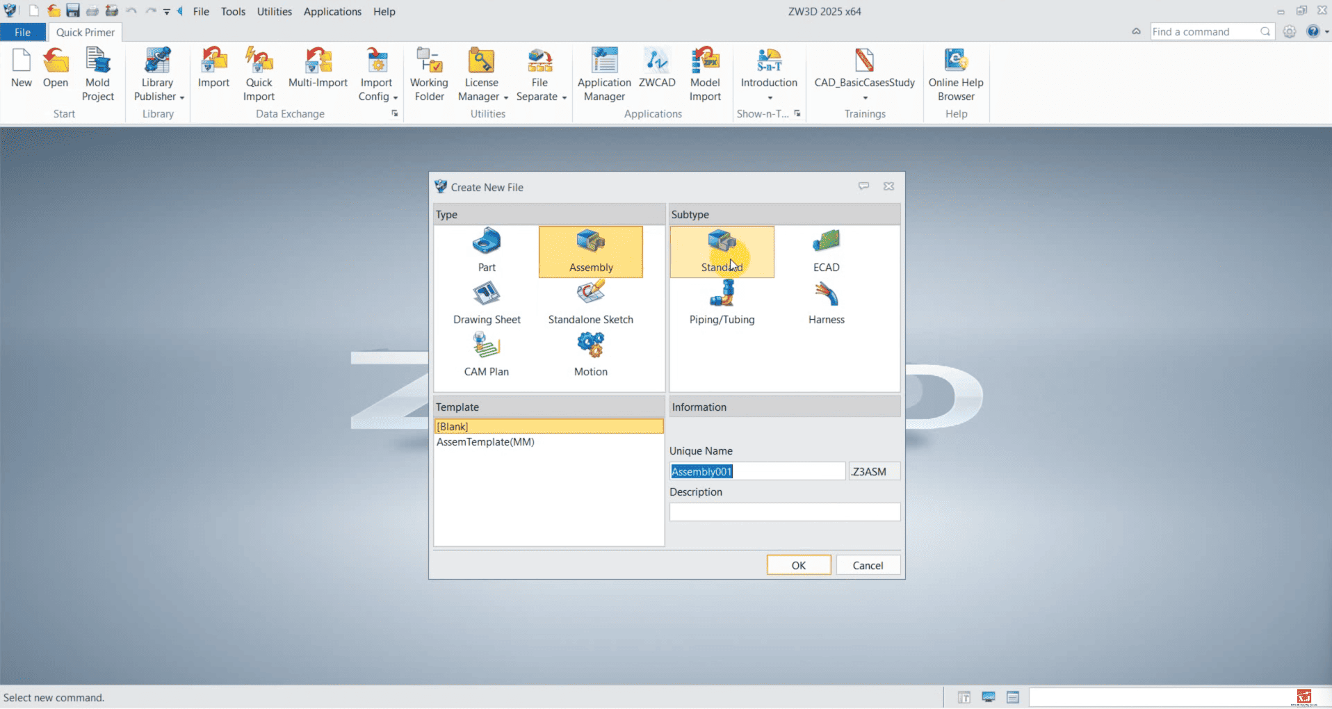 Open ZW3D File > New